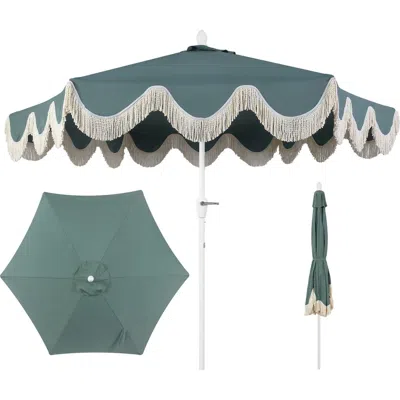Jonathan Y Collins Bohemian Fringe Outdoor Patio Umbrella With Crank Lift And Tilt, Scalloped Uv-res In Green