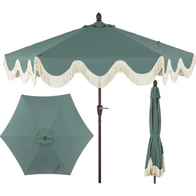 Jonathan Y Collins Bohemian Fringe Outdoor Patio Umbrella With Crank Lift And Tilt, Scalloped Uv-res In Green