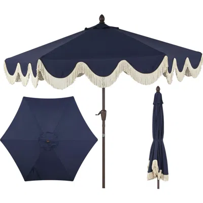 Jonathan Y Collins Bohemian Fringe Outdoor Patio Umbrella With Crank Lift And Tilt, Scalloped Uv-res In Blue