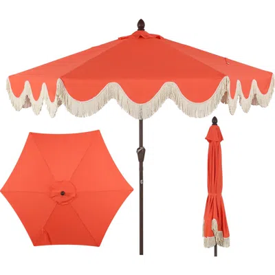 Jonathan Y Collins Bohemian Fringe Outdoor Patio Umbrella With Crank Lift And Tilt, Scalloped Uv-res In Orange