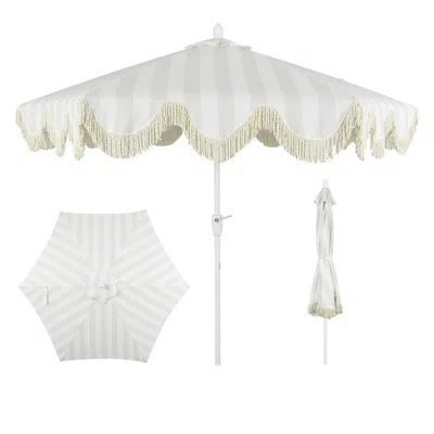 Jonathan Y Collins Bohemian Fringe Outdoor Patio Umbrella With Crank Lift And Tilt, Scalloped Uv-res In White