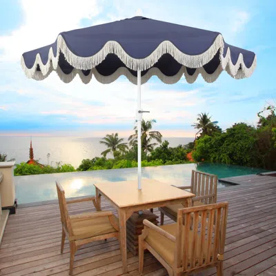 Jonathan Y Collins Classic Cottage Fringe Tassel Market Patio Umbrella With Auto-tilt Crank