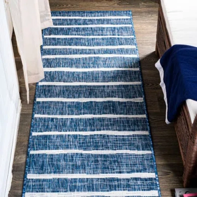 Jonathan Y Colonia Berber Stripe Indoor/outdoor Area Rug In Blue/ivory