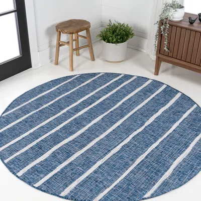 Jonathan Y Colonia Berber Stripe Indoor/outdoor Round Area Rug In Blue