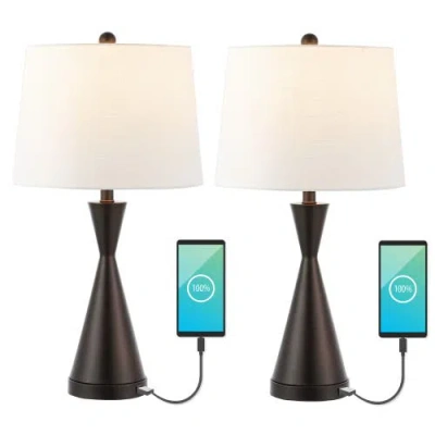 Jonathan Y Colton 26in Set Of 2 French Country Farmhouse Iron Led Table Lamp With Usb Charging Port In Bronze