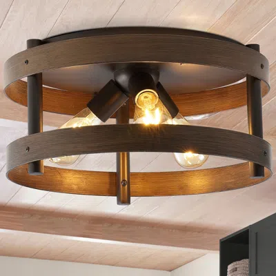 Jonathan Y Cooper 16" 3-light Farmhouse Industrial Iron Led Flush Mount In Brown