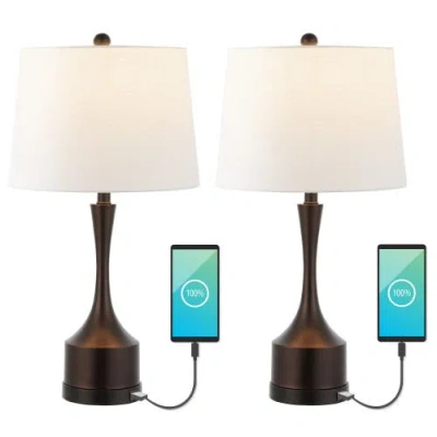 Jonathan Y Cooper 26in Set Of 2 French Country Farmhouse Iron Led Table Lamp With Usb Charging Port In Bronze
