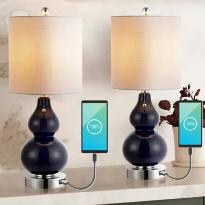Jonathan Y Cora 22" Classic Vintage Glass Led Table Lamp With Usb Charging Port In Black