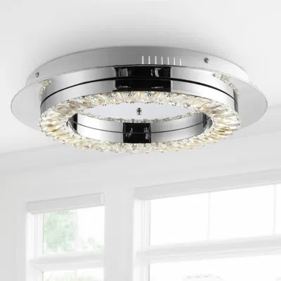Jonathan Y Cristal 18" Integrated Iron/crystal Glam Led Flush Mount In Gray