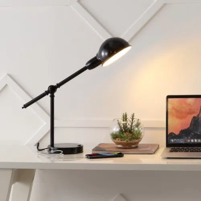 Jonathan Y Curtis Vintage Industrial Iron Adjustable Dome Shade Led Task Lamp With Usb Charging Port In Black