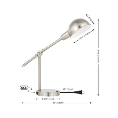 Jonathan Y Curtis Vintage Industrial Iron Adjustable Dome Shade Led Task Lamp With Usb Charging Port In Nickel