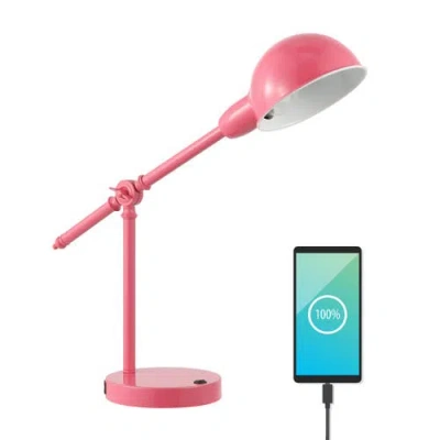 Jonathan Y Curtis Vintage Industrial Iron Adjustable Dome Shade Led Task Lamp With Usb Charging Port In Pink