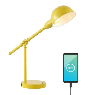 Jonathan Y Curtis Vintage Industrial Iron Adjustable Dome Shade Led Task Lamp With Usb Charging Port In Yellow