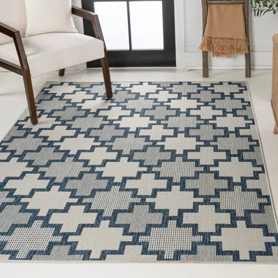 Jonathan Y Cyrus Modern Geometric Tile Pattern Salmon/cream Indoor/outdoor Area Rug In Blue