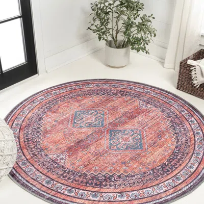 Jonathan Y Dalyan Geometric Medallions Machine-washable Round Area Rug In Terra/navy