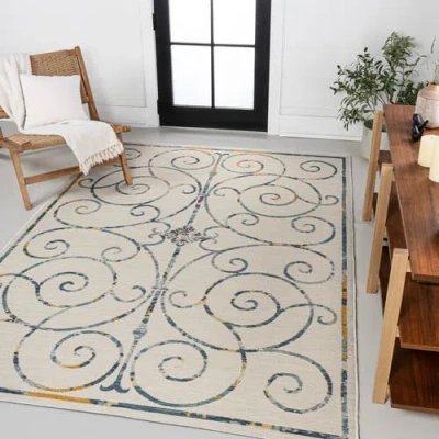 Jonathan Y Danae Classic Cottage Filigree Scroll Reversible Machine-washable Indoor/outdoor Area Rug In Cream/navy