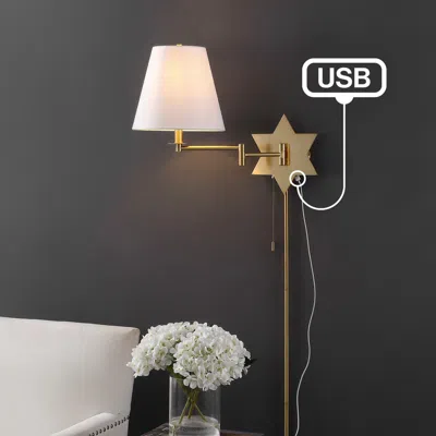 Jonathan Y David 1-light French Country Swing Arm Wall Sconce With Led, Usb Port, And Pull-chain In Gold Metallic