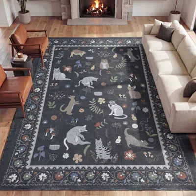 Jonathan Y Designs Catmosphere Festive Feline Floral Border Non-slip Machine-washable Rug In Black