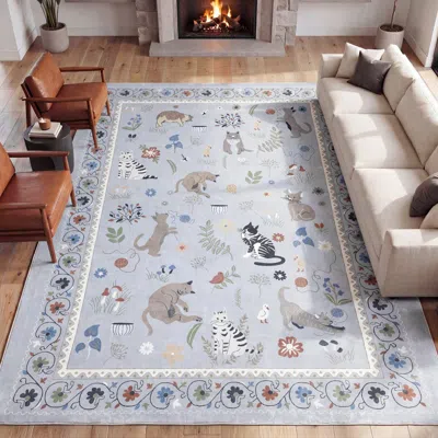 Jonathan Y Designs Catmosphere Festive Feline Floral Border Non-slip Machine-washable Rug In Gray