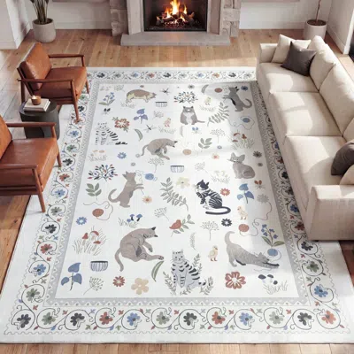 Jonathan Y Designs Catmosphere Festive Feline Floral Border Non-slip Machine-washable Rug In White
