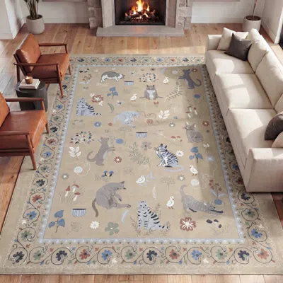 Jonathan Y Designs Catmosphere Festive Feline Floral Border Non-slip Machine-washable Rug In Brown