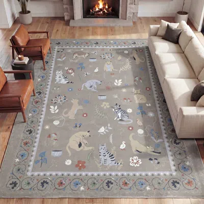 Jonathan Y Designs Catmosphere Festive Feline Floral Border Non-slip Machine-washable Rug In Gray