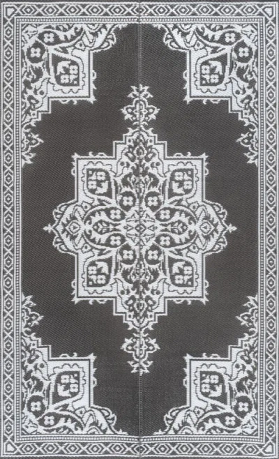 Jonathan Y Designs Dory Medallion Border Foldable Waterproof Reversible Plastic Straw Outdoor Rug In Gray/white