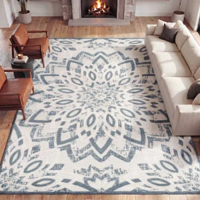 Jonathan Y Designs Flora Abstract Bold Mandala High-low Indoor/outdoor Rug In Blue