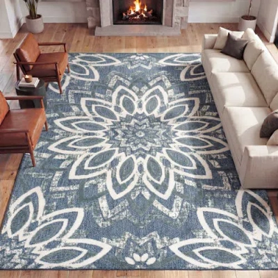 Jonathan Y Designs Flora Abstract Bold Mandala High-low Indoor/outdoor Rug In Blue