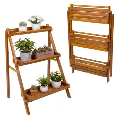 Jonathan Y Designs Hollis 3-tier Acacia Wood Indoor/outdoor Foldable Compact Freestanding Ladder Pla In Brown
