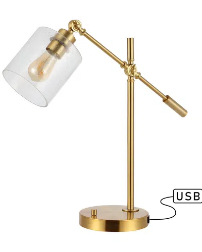 Jonathan Y Designs Kathryn Classic 23 Iron Seeded Glass Adjustable Head Modern Usb Charging Led Task In Brass