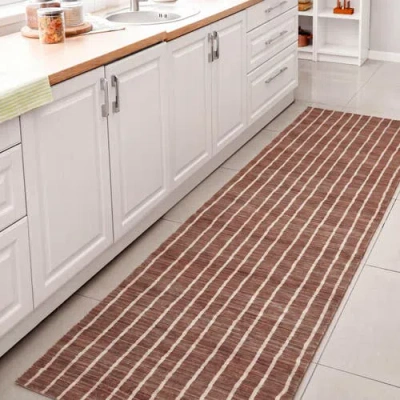 Jonathan Y Designs Orton Distressed Ticking Stripe Non-slip Machine-washable Rug In Brown