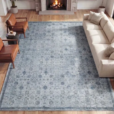 Jonathan Y Designs Petunia Distressed All-over Floral Border Non-slip Machine-washable Rug In Blue