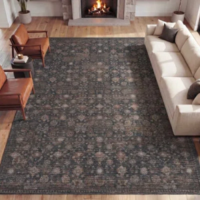 Jonathan Y Designs Petunia Distressed All-over Floral Border Non-slip Machine-washable Rug In Brown