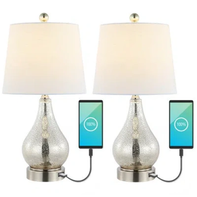 Jonathan Y Dino 21" Farmhouse Industrial Iron/glass Led Table Lamp With Usb Charging Port, Silver