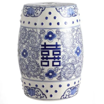 Jonathan Y Double Happiness 18" Chinoiserie Ceramic Drum Garden Stool In Blue