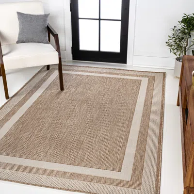 Jonathan Y Dover Classic 3-stripe Border Beige/cream Indoor/outdoor Area Rug In Brown