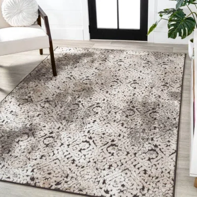 Jonathan Y Duenas High-low Shabby Damask Indoor/outdoor Area Rug In Cream/beige/dark Gray