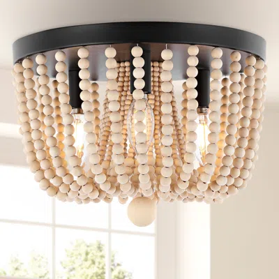 Jonathan Y Eivissa 13" 3-light Coastal Farmhouse Iron/wood Bead Led Flush Mount In Black
