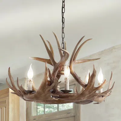 Jonathan Y Eldora 28.5" Adjustable Resin Antler 6-light Chandelier In Brown