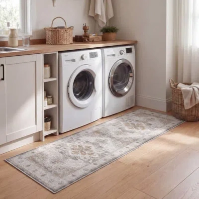 Jonathan Y Eleanor Vintage Medallion Border Non-slip Machine-washable Light Gray/ivory 4 Ft. X 6 Ft. In Neutral