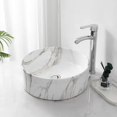 Jonathan Y Element 14.75 In. W X 14.75 In. D Modern Designer Round Fluted Ceramic Bathroom Vessel Sink In White Marble Finish