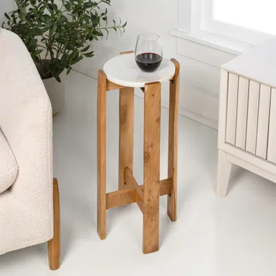 Jonathan Y Elena 24" Minimalist Structured Wood Drink Table And Decorative End Table With White Marble Round To