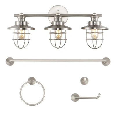 Jonathan Y Ellis 24" 3-light Industrial Farmhouse Vanity Light With Bathroom Hardware Accessory Set, Brushed Ni In Brushed Nickel
