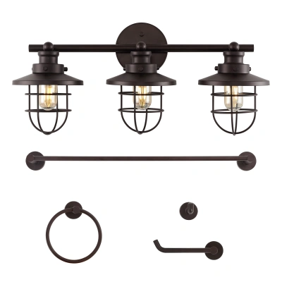 Jonathan Y Ellis 24" 3-light Industrial Farmhouse Vanity Light With Bathroom Hardware Accessory Set, Oil Rubbed In Black