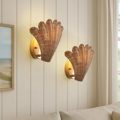Jonathan Y Elodie 11.5" Vintage Coastal 1-light Rattan Scallop Shell Led Wall Sconce, Brown/gold Painting (set 