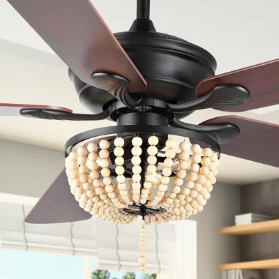 Jonathan Y Erin 52" 3-light Rustic Farmhouse Iron/wood Bead Mobile-app/remote-controlled Led Ceiling Fan In Black