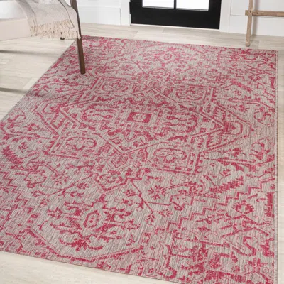 Jonathan Y Estrella Bohemian Medallion Textured Weave Indoor/outdoor Area Rug In Light Gray/fuchsia