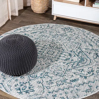 Jonathan Y Estrella Bohemian Medallion Textured Weave Indoor/outdoor Area Rug In Teal/gray