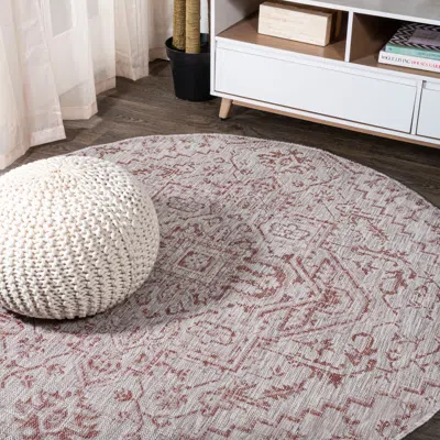 Jonathan Y Estrella Bohemian Medallion Textured Weave Indoor/outdoor Round Area Rug In Burgundy